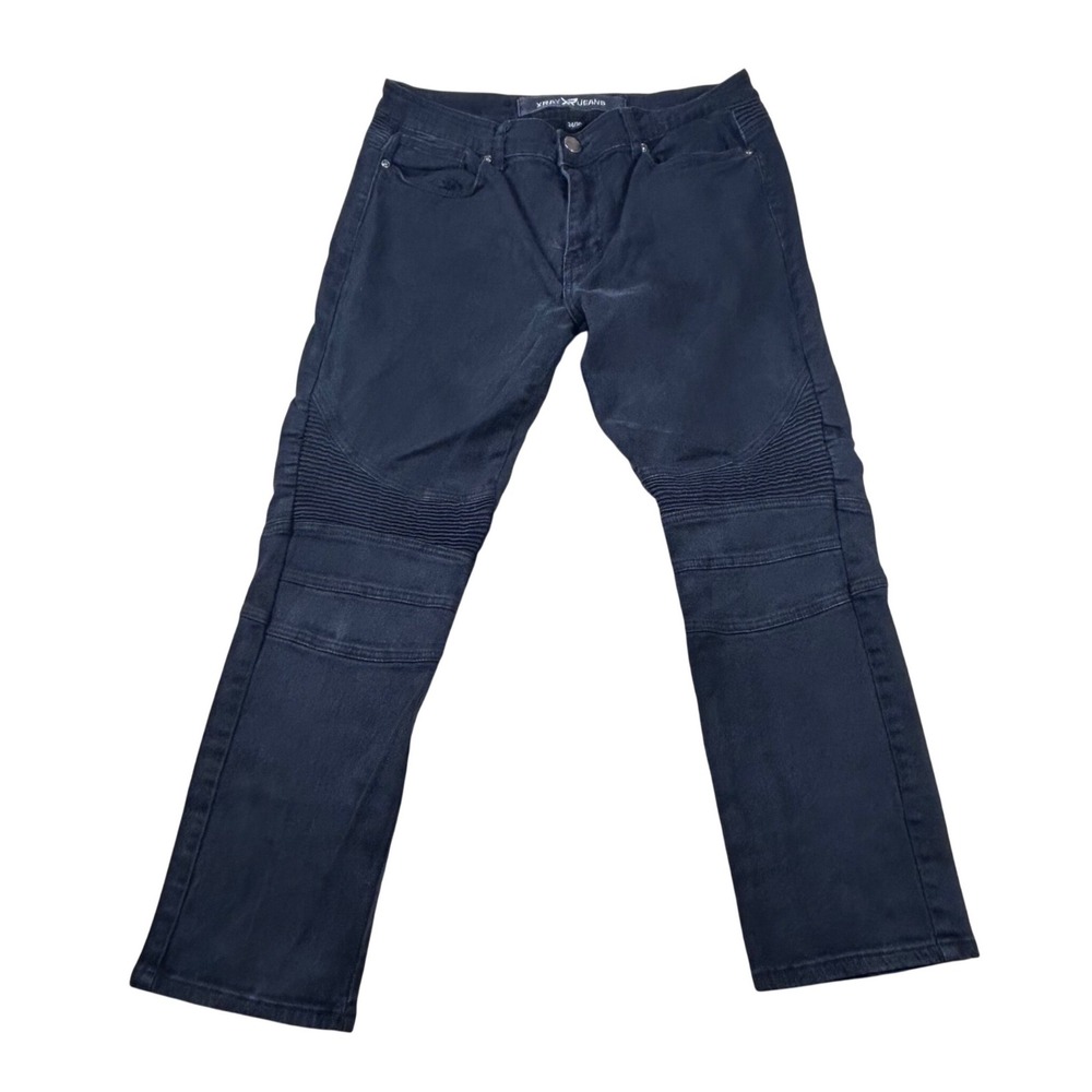 XRAY Jeans Mens 34x30‎ Black Moto Biker Slim Fit Stretch Denim Pants Ribbed Knee